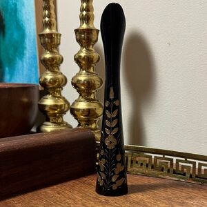 Brass Etched Black and Gold Floral Bud Vase